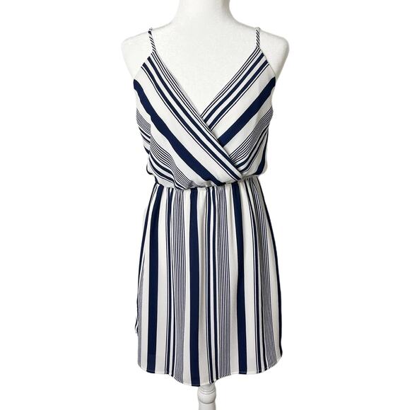 Monteau Womens Blouson Dress L Blue White Stripe Mini Sleeveless Spaghetti Strap - Picture 2 of 8